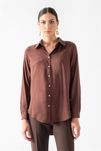 Ormeo Erkek Yaka Zebra Desen Klasik Gömlek KAHVE