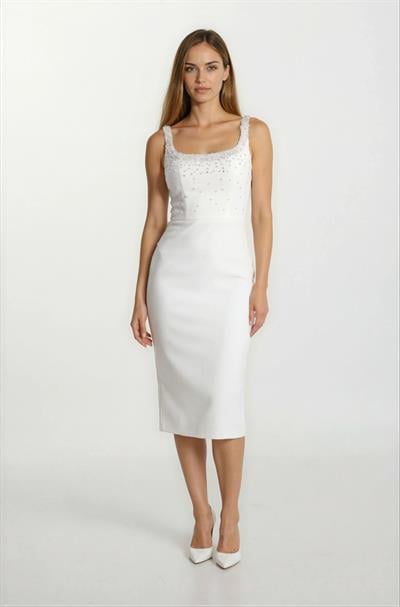 Ormilda Kare Yaka İnci İşlemeli Midi Abiye Elbise EKRU