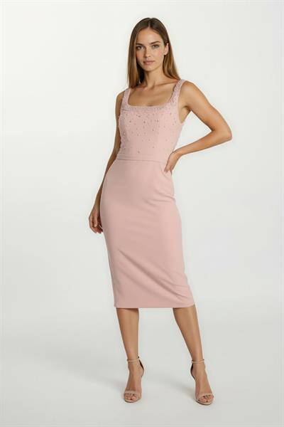 Ormilda Kare Yaka İnci İşlemeli Midi Abiye Elbise PUDRA