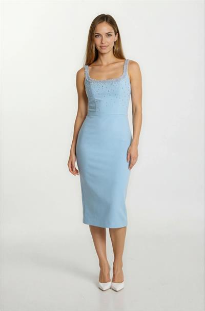 Ormilda Kare Yaka İnci İşlemeli Midi Abiye Elbise MAVİ