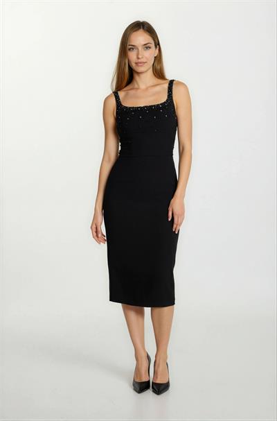 Ormilda Kare Yaka İnci İşlemeli Midi Abiye Elbise SİYAH