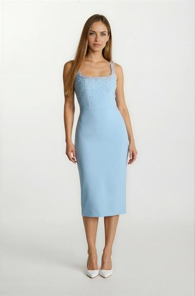 Ormilda Kare Yaka İnci İşlemeli Midi Abiye Elbise MAVİ