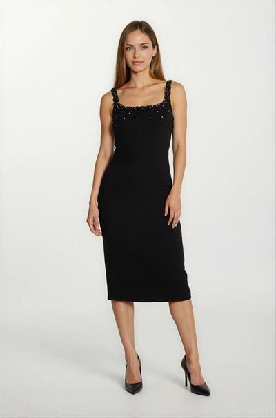 Ormilda Kare Yaka İnci İşlemeli Midi Abiye Elbise SİYAH