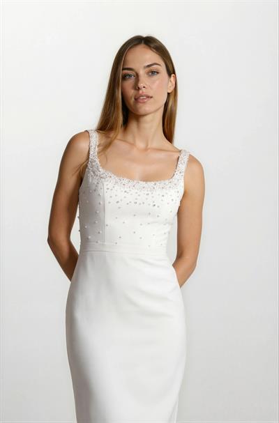 Ormilda Kare Yaka İnci İşlemeli Midi Abiye Elbise EKRU