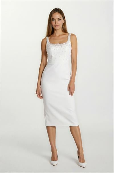 Ormilda Kare Yaka İnci İşlemeli Midi Abiye Elbise EKRU