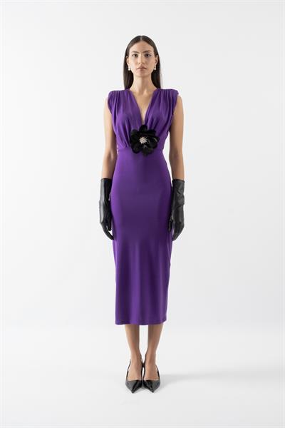 Ormisde Omuzları Büzgülü V Yaka Gül Detaylı Kısa Abiye Elbise MOR