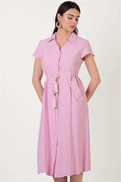 Ornaldo Gömlek Yaka Önü Boydan Düğmeli Elbise PEMBE