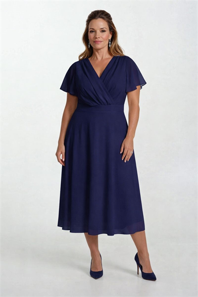 Ornato Kruvaze Yaka Kloş Midi Abiye Elbise LACİVERT