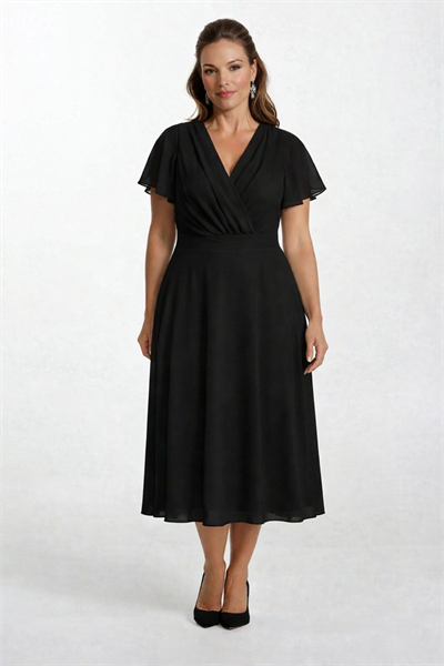 Ornato Kruvaze Yaka Kloş Midi Abiye Elbise SİYAH