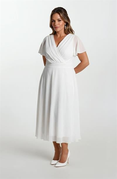 Ornato Kruvaze Yaka Kloş Midi Abiye Elbise BEYAZ