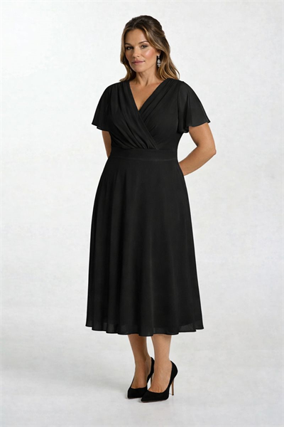 Ornato Kruvaze Yaka Kloş Midi Abiye Elbise SİYAH