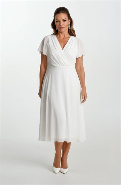 Ornato Kruvaze Yaka Kloş Midi Abiye Elbise BEYAZ