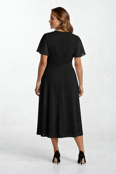 Ornato Kruvaze Yaka Kloş Midi Abiye Elbise SİYAH