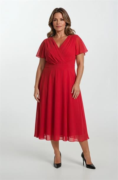Ornato Kruvaze Yaka Kloş Midi Abiye Elbise KIRMIZI