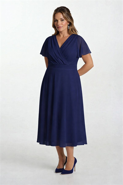 Ornato Kruvaze Yaka Kloş Midi Abiye Elbise LACİVERT