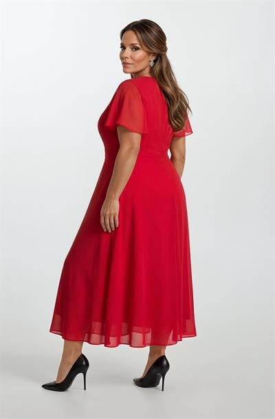 Ornato Kruvaze Yaka Kloş Midi Abiye Elbise KIRMIZI