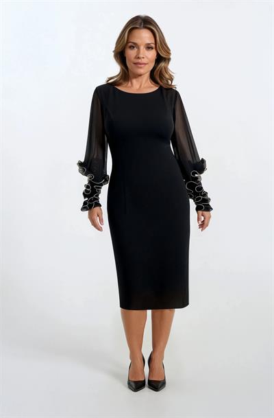 Orneglia Yuvarlak Yaka Kol Ucu Fırfırlı Kısa Abiye Elbise SİYAH