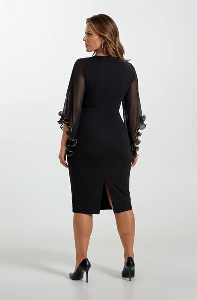 Orneglia Yuvarlak Yaka Kol Ucu Fırfırlı Kısa Abiye Elbise SİYAH