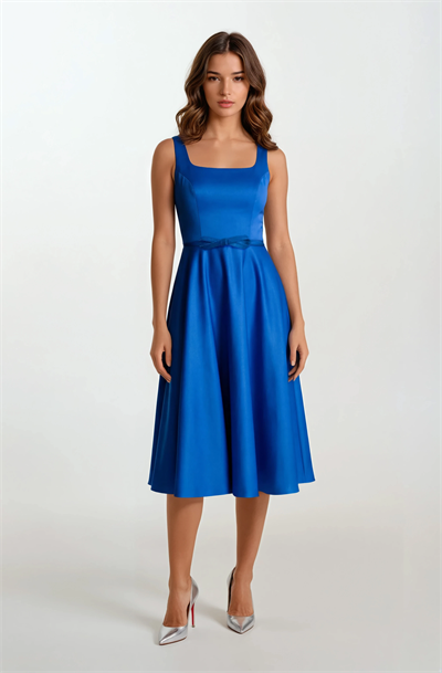 Orsetta Kare Yaka Askılı Kloş Fiyonk Kemerli Uzun Abiye Elbise SAKS