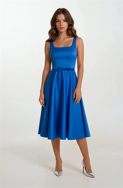 Orsetta Kare Yaka Askılı Kloş Fiyonk Kemerli Uzun Abiye Elbise SAKS