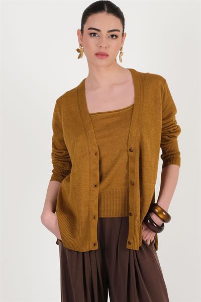 Ortenzia V Yaka Triko Hırka HARDAL