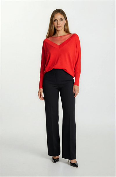 Osvaldino Bisiklet Tül Yaka Ön Arka V Yarasa Kol Triko MERCAN