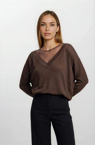 Osvaldino Bisiklet Tül Yaka Ön Arka V Yarasa Kol Triko KAHVE