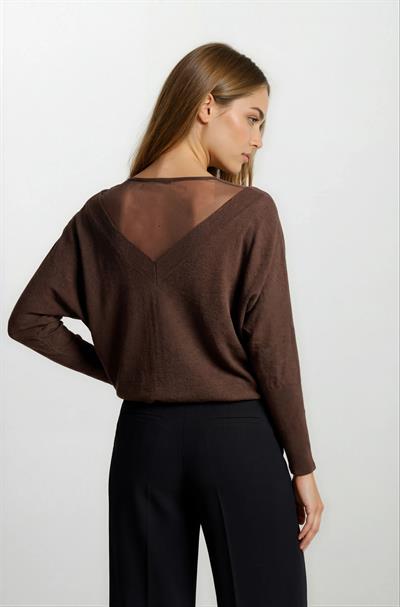 Osvaldino Bisiklet Tül Yaka Ön Arka V Yarasa Kol Triko KAHVE