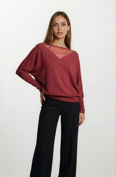 Osvaldino Bisiklet Tül Yaka Ön Arka V Yarasa Kol Triko BORDO