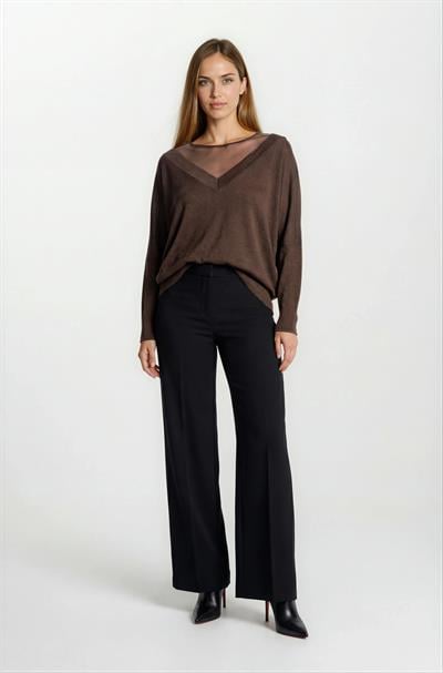 Osvaldino Bisiklet Tül Yaka Ön Arka V Yarasa Kol Triko KAHVE