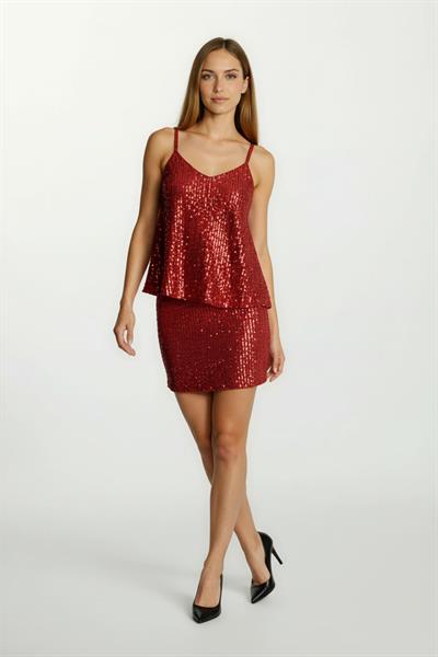 Otellio Klasik Kesim Kemersiz Payetli Etek KIRMIZI