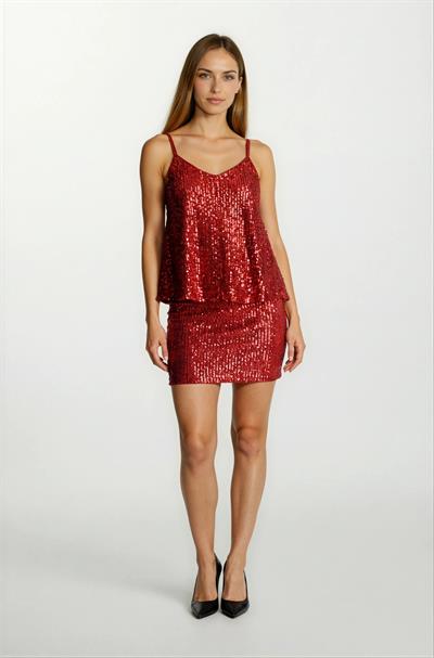 Otellio Klasik Kesim Kemersiz Payetli Etek KIRMIZI