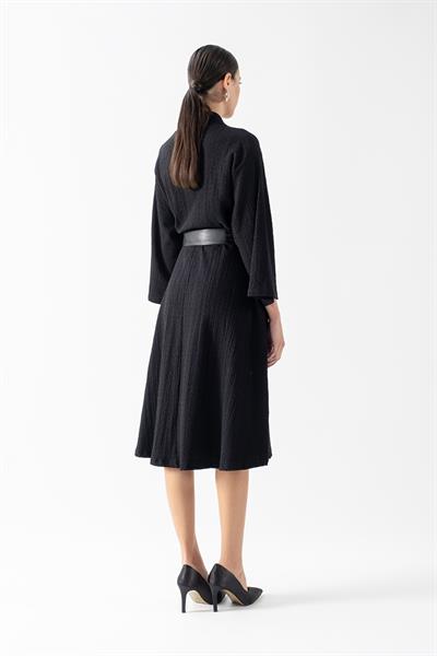 Ottaviano V Yaka Önü A Pile Geniş Kesim Elbise SİYAH