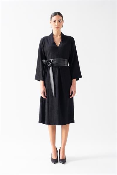 Ottaviano V Yaka Önü A Pile Geniş Kesim Elbise SİYAH