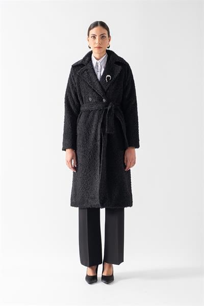 Ottobello Mono Yaka Kruvaze Kuşaklı Kaban SİYAH