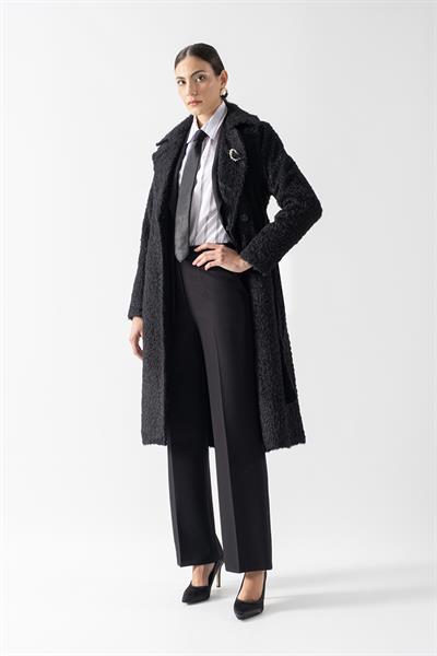 Ottobello Mono Yaka Kruvaze Kuşaklı Kaban SİYAH