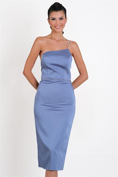 Padovani Asimetrik Yaka Taşlı Bel Tek Askılı Midi Abiye Elbise İNDİGO