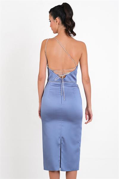 Padovani Asimetrik Yaka Taşlı Bel Tek Askılı Midi Abiye Elbise İNDİGO