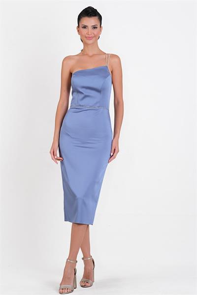 Padovani Asimetrik Yaka Taşlı Bel Tek Askılı Midi Abiye Elbise İNDİGO