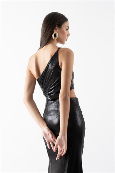 Pailhas İnce Tek Askılı Beli Açık Uzun Abiye Elbise SİYAH