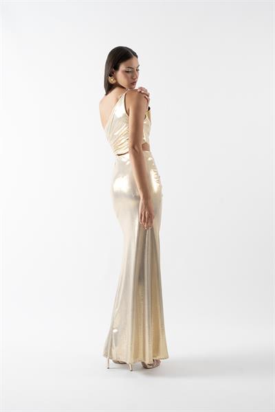 Pailhas İnce Tek Askılı Beli Açık Uzun Abiye Elbise GOLD