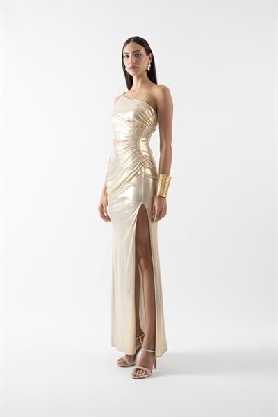 Pailhas İnce Tek Askılı Beli Açık Uzun Abiye Elbise GOLD