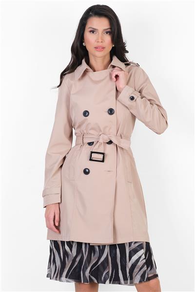 Pallaske Kruvaze Yaka Kuşaklı Cepli Trençkot TAŞ