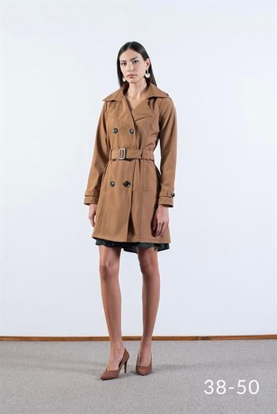 Pallaske Kruvaze Yaka Kuşaklı Cepli Trençkot TABA