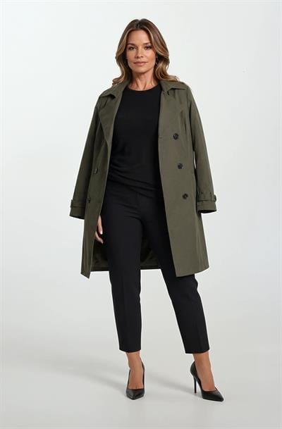 Pallaske Kruvaze Yaka Kuşaklı Cepli Trençkot HAKİ