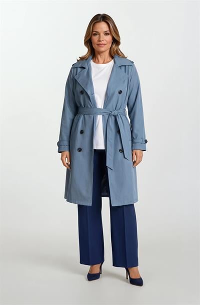 Pallaske Kruvaze Yaka Kuşaklı Cepli Trençkot İNDİGO