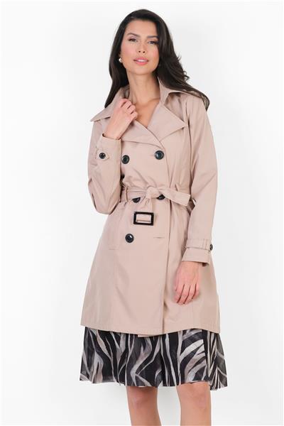 Pallaske Kruvaze Yaka Kuşaklı Cepli Trençkot TAŞ