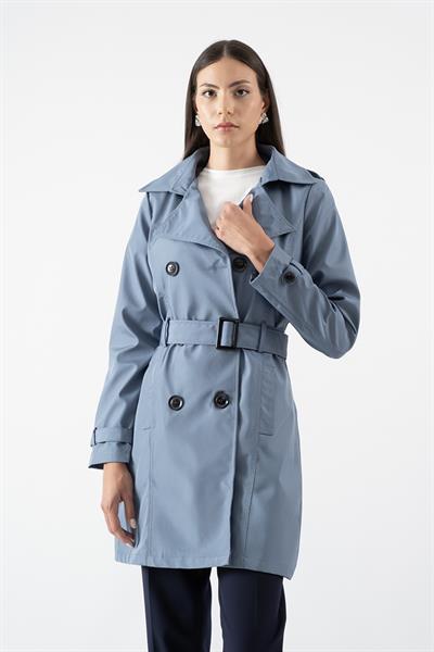 Pallaske Kruvaze Yaka Kuşaklı Cepli Trençkot İNDİGO