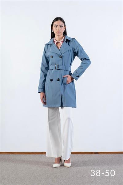 Pallaske Kruvaze Yaka Kuşaklı Cepli Trençkot İNDİGO