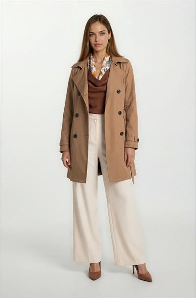 Pallaske Kruvaze Yaka Kuşaklı Cepli Trençkot TABA